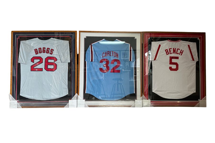 Custom sports shadow box — Style 12, sleek black frame with archival foam mounts
