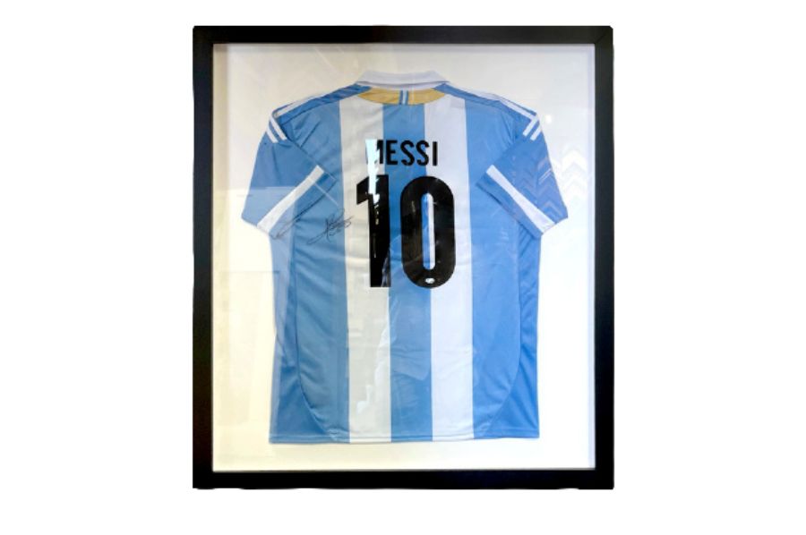 Custom sports shadow box — Style 18, premium woodgrain frame with satin finish